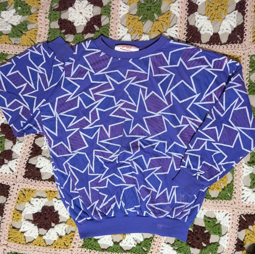Vintage 80s Purple Sweater Stars All Over Print Crewneck Collage Yes Size Small